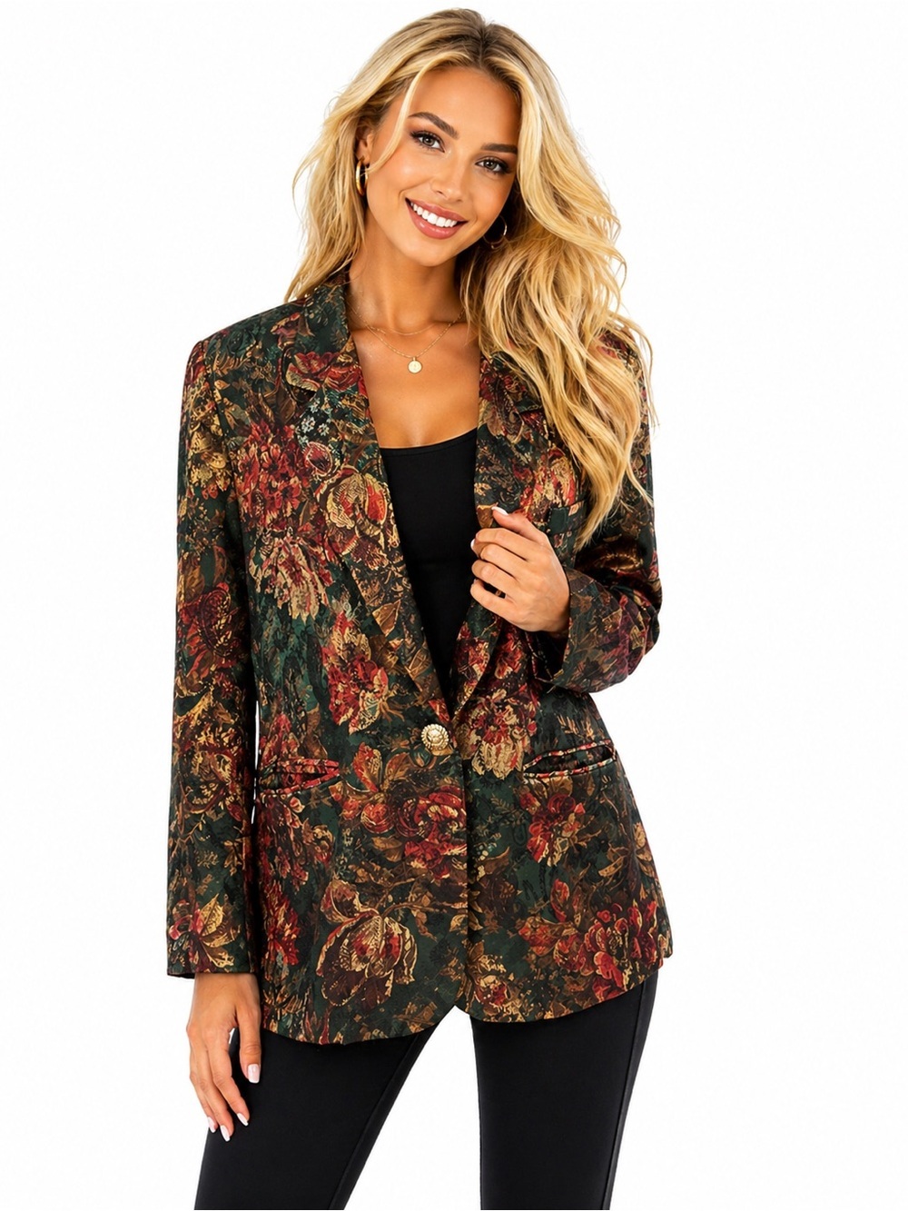 San Moire Blazer Size 14p Floral Long Sleeve 1 Button Pockets Metallic
